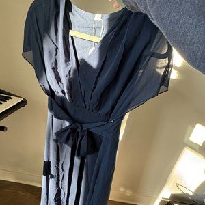 Blue Short Sleeve Cinched Waist Midi Dress Blue / M